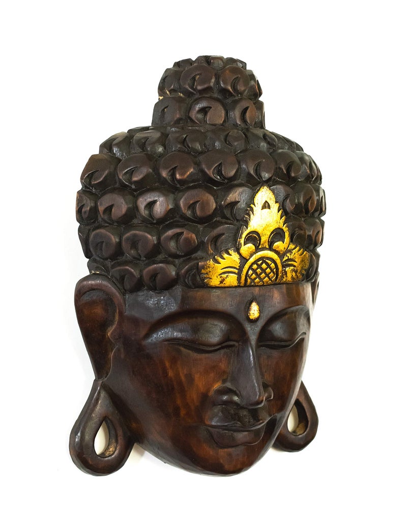 G6 Collection 12" Wooden Wall Mask Serene Buddha Head Statue Hand Carved Sculpture Handmade Figurine Gift Home Decor Accent Handcrafted Art Wall Hanging Decoration Buddha Face Mask, Black - Image 2